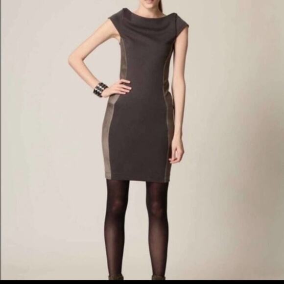 Alice + Olivia Eva Gray Ponte Silk & Black Leather Cap Sleeve Moto Mini Dress M - Picture 13 of 14